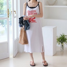 데일리앤 콜리지 백 밴딩 면 롱 끈 나시원피스 여름 휴양지 시원한 바캉스룩 프린팅 배색 링거 원피스