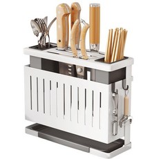 廚房多功能檯面置物架 刀架砧板一體收納架, 1個, 碳鋼材質,黑色刀筷架【送掛鉤+背膠】