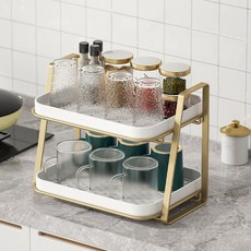 다용도 2단 컵 거치대 주방 그릇 정리 선반, 가로형, 골드