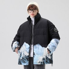 雪山印花立領情侶款羽絨服 - 長版保暖冬季運動