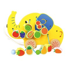 HAIMINGJUN 나무 실 꿰기 장난감 과일 구슬 엮기 장난감 만화 교육용 나무 과일 끈 엮기 구슬 장난감 유아 생일 선물, 코끼리, 20.5x13.8x6.1cm, 목재, 1개