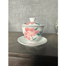 早期 回流 景德鎮 毛瓷 蓋碗 手繪 釉下五彩 芙蓉花 蓋碗 主人杯 滑石子胎 部所底款, 商品主圖, 1個