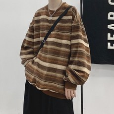 FANSYLI 남성 빈티지 스트라이프 맨투맨 봄가을 루즈핏 라운드 긴팔 티셔츠 패션 캐주얼 심플 맨투맨 W2508A14