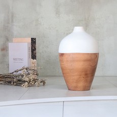 戊辰美學 甕型花瓶 泰國芒果木 客廳裝飾, 上白下咖芒果木花器W23*H30.5cm, 上白下咖