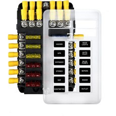 12볼트 퓨즈 블록 박스 LED 경고 포함) 보트 12-24V용 6 해상 RV 단자 퓨즈 회로(퓨즈 및 트레일러 패널 버스 차량 블레이드 트럭 음극 방수 포함 있는 ATC/AT, 12 Way, 1개