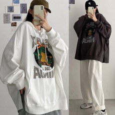 (매진 임박) 150kg까지 빅사이즈 1+1 여성 bf 시카고 빈티지 프린팅 옆트임 후드티 긴팔티 봄 가을 편한 캐주얼 패션 스트릿 스트링 트렌드 박스 날씬해보이는 디자인 맨투맨