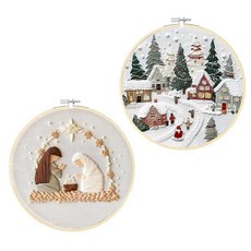JIABUUN 2세트 성탄 자수 키트 크리스마스 십자수 키트 성인용 자수 키트 크리스마스 장면 초보자 DIY 십자수 패턴 면사 바늘 설명서(한글이 아닐 수 있음) 후프
