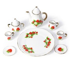 해외 Cutemini Dollhouse 16 도자기 티컵 세트 8피스 미니어처 세라믹 인형의 집 액세서리 꽃 패턴 찻주전자 플래터 접시 주방 용품 장식 빅 로즈 미국매장정품+, .0001.딸기.