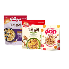 오리온 오!그래놀라 팝 크랜베리아몬드 370g+동서 그래놀라 카카오호두510g+농심 켈로그 블루베리아몬드 그래놀라 450g, 1세트, 510g