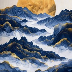 풍경화 블루 마운틴 나무 숲 소나무 사원 금빛 태양 포스터 캔버스 그림 인쇄, 1. 8