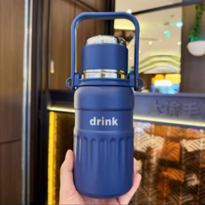 不銹鋼大容量保溫杯 帶背帶 吸管直飲兩用 戶外便攜水壺, 藍色（三飲+手提+杯繩）, 800ML加厚鋼