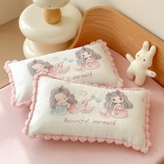 可愛卡通毛球純棉紗布兒童枕套 30x50cm 幼兒園寶寶枕頭套, 毛球款-人魚公主一隻【A類純棉雙層紗】,30cmX50cm