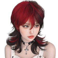 가발위드 여성 가발 투톤 미디엄 코스프레 하이라이트 레이어드 통가발 체리 쉐그, 1개, 딥블랙레드