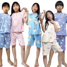 아동 실내복 홈웨어 파자마 파티 주니어 학생 피치 강아지 스판 복숭아 패턴 반팔 키즈 잠옷 세트 봄 여름 가을 사계절 사방스판 부드러운 상의 하의 신축성 편안한 내복
