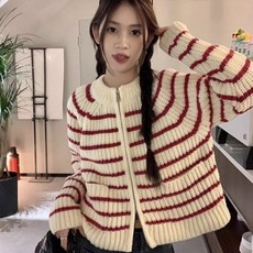 투니스 여성 빈티지 루즈핏 스트라이프 배색 니트 가디건