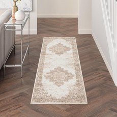 Nourison Home Grafix 트래디셔널 네이비 블루 91.4 x 152.4cm(3 x 5피트) 러그 간편한 세척 빠짐 방지 침실 거실 식당 주방 (3x5), 2'3" x 7'6" (Runner), 아이보리 베이지