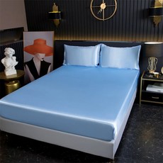 아이스 실크 여름 침대 시트 폴리에스터 새틴 장착 탄성 밴드 단색 커버, 2 pillowcase48x74cm, light blue