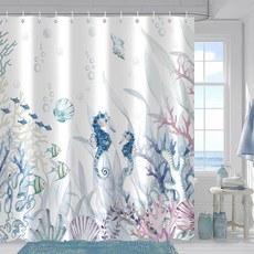 [ 1133687 ] 모이리수 해변 바다 샤워 커튼 해안 블루 여름 해마 코랄 테마 장식 세트 방수 폴리에스터 욕실 액세서리 원단 후크 12개 포함 182.9 x 182