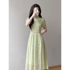 奧黛連衣裙改良旗袍 新中式國風 春夏綠色長裙