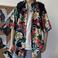 남성 반팔 셔츠 오픈카라 하와이안 바캉스 꽃무늬 셔츠 여름