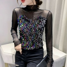 여성라인댄스복 상의 라틴 스포츠 댄스 빅사이즈 슬림핏 망사 스팽글 반폴라 긴팔 티셔츠 시스루 반짝이 화려한