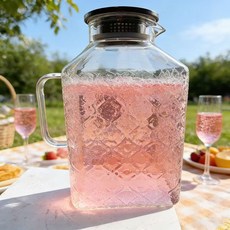 DIU 玻璃涼水壺家用大容量夏天冰箱冷水壺四方形玻璃紮壺, 1個, 3800ml復古花紋方壺:如圖, 1L