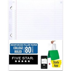 Five Star 루스 리프 페이퍼 + 스터디 앱 대학 유선 필러 노트 용지 강화 잉크 번짐 방지 21.6 x 27.9cm(8-1/2 11인치) 80장 (170102), 80 Sheets