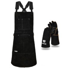 리시크 가죽 용접 앞치마 6개의 포켓이 있는 내열 및 난연성 헤비 듀티 작업 목공소 앞치마, Black 24"x 36", 1개