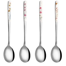 긴 손잡이가 달린 한국 스푼 18/8 스테인리스 스틸 수프 꽃 아시아 스푼 디너 라이스 커피 디저트 아이스크림 식기 세척기 사용 가능 20.3cm(8인치)), 긴 손잡이가 달린 한국 스푼 , 18/8 스테인리스 스