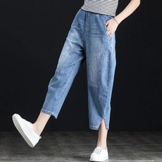 MOSAIRATION 여성 하이웨스트 밴딩 빅사이즈 8부 데님 배기 캐주얼 바지 K002609