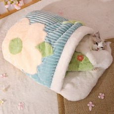 貓用花朵圖案絨毛睡袋+枕頭組, 綠色