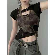 방송댄스 크롭티 카모플라주 메쉬 홀터넥 힙합 의상 스트릿 배꼽티