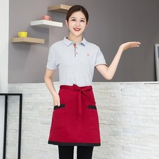 服務員男女短款黑色小圍裙 酒店飯店餐廳廚房適用 防水薄款, 1個, #5下擺配色-棗紅 69*41CM