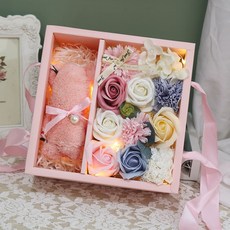 香皂花禮盒 附毛巾熊與燈飾, 1個, 粉色系毛巾熊_含燈