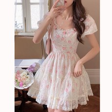 자수 선녀 스커트 로맨틱 레이스 네모 칼라 시폰 원피스 여름