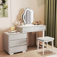 舒心美鏡 粉色實木岩板化妝台臥室梳妝台，新款奶油風一體簡約現代化妝桌收納, 全實木巖板梳妝臺03【灰色三鬥櫃】,80CM桌+櫃【無鏡無凳】