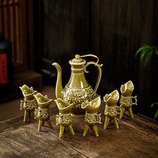 日式仿古酒樽酒具套裝，陶瓷白酒杯高腳杯，古代酒盅分酒器, 1個, 06款:春壺棕色 6杯號 禮盒