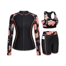 Daci 여성용 3피스 래쉬가드 - 3피스 긴소매 집업 수영 셔츠 스포츠 브라 단정한 수영복 반바지 포함 블랙 플라워 XL 154593