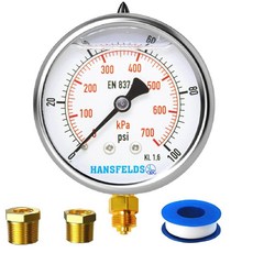 Hansfelds 0-1000psi 액체 충전 압력 게이지 6.4cm(2.5인치) 다이얼 페이스 0.6cm(1/4인치) NPT 하단 마운트 스테인리스 스틸 케이스 워터 오일, 액체 충전 하단 마운트 10.2cm(4인치) 다이얼, 0-100psi