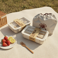 퓨어미즈키 누구나 런치박스 전자레인지 도시락통 1100ml+850ml+수저세트+도시락가방, 아이보리, 1세트