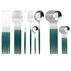 Uniturcky 실버 실버웨어 세트 24피스 스테인리스 스틸 플랫웨어 세트 서비스 거울 광택 블랙 핸들 식기 커틀러리 나이프 포크 및 스푼 가정 레스토랑용 식기세척기, 그린 실버