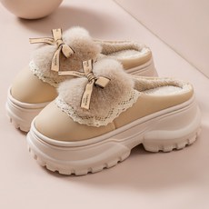Salimm 여성 발편한 7cm 리본 레이스 미끄럼방지 키높이 털 기모 슬리퍼