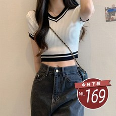 韓版復古V領針織短版上衣