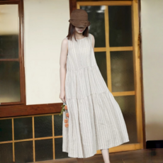 POMTOR 여성 여름 스트라이 린넨 민소매 미디 원피스 빅사이즈