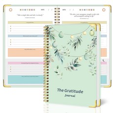 카드보드 커버가 있는 감사 일기 생생한 컬러 레이아웃 디자인의 여성용 10대 프롬프트가 5 미운테 데일리 더 많은 행복 마음챙김 및 성찰을 위한 날짜가 지정되지 않은 하드커, Green