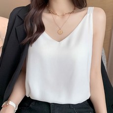 브이넥 실키 나시 블라우스 슬림핏 이너탑 데일리 민소매 이너 여성 슬리브리스 오피스 블랙