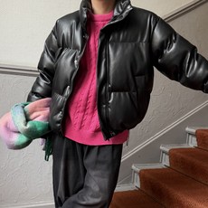 르위 레더 가성비 오버핏 숏패딩 스트링 유광 빅사이즈 두꺼운 하이넥 다운 아우터
