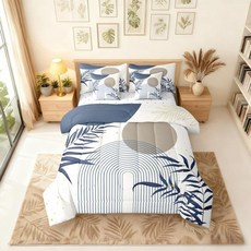 Erosebridal Boho 핑크 블랙 골드 퀸 이불 세트 시트 포함 추상 미드 센추리 7피스 침구 성인용 미니멀리스트 미적 기하학적 침대 가방 모던 보헤미안 시크 18334, 블루 그레이