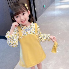 韓系女童碎花假兩件式洋氣公主連衣裙套裝