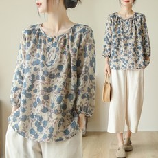 SAHINER 여성 버튼넥 플라워 루즈핏 7부 블라우스 LJACS55